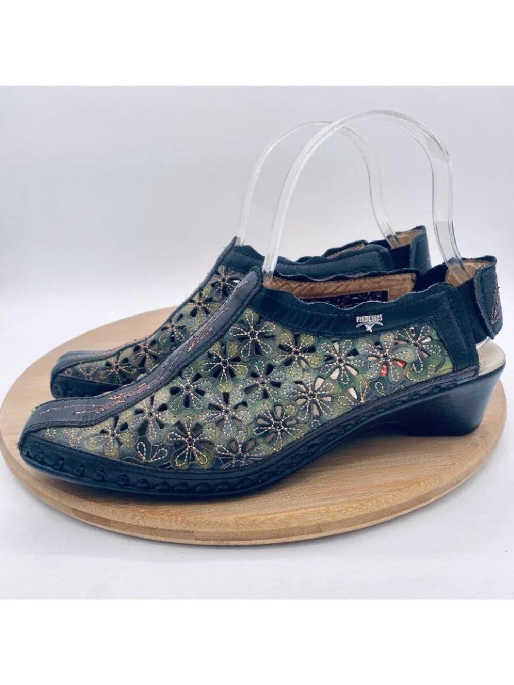 Pikolinos Shoes Womens 7.5 38 Black Green Leather Perforated Slingback Bootie